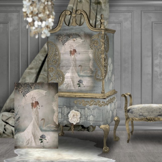 Swan Lake Blue Floral Bridal Portrait Art Tissue Paper (Swan Lake Portrait of a bride standing with a parasol Art for furniture Decoupage)