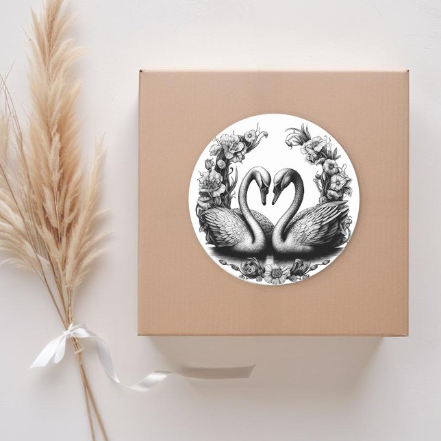 Swan Lake Love Birds Wedding Favour Sticker (Black and White Love Birds)
