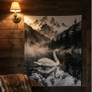 Swan Lake Mountain   Black and White Ink art  Tapestry