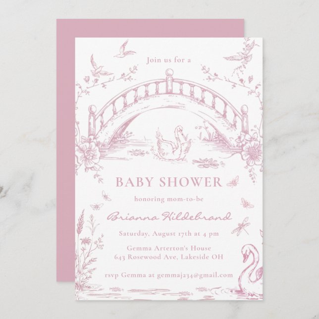 Swan Lake Pink Toile Chinoiserie Girl Baby Shower  Invitation (Front/Back)