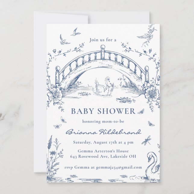 Swan Lake Toile Chinoiserie Baby Shower Invitation (Front)