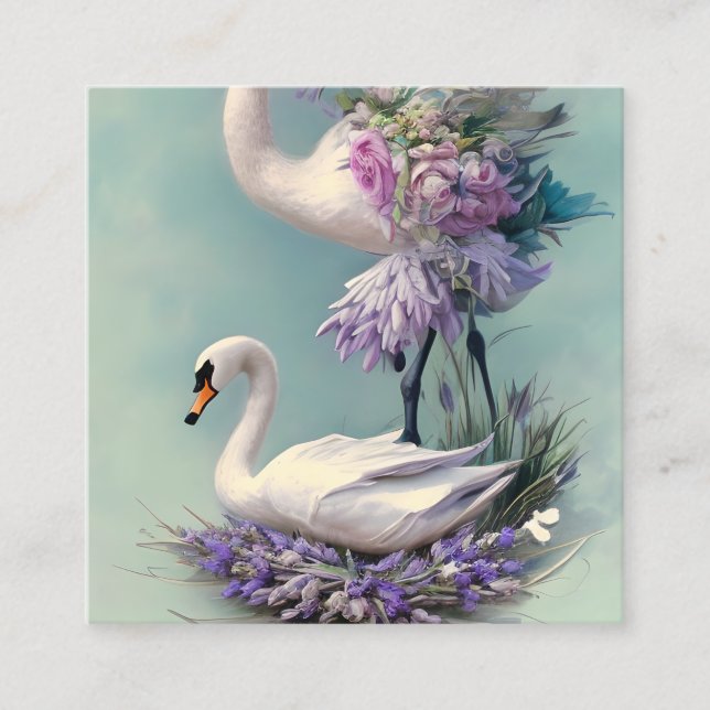 Swan Lavender and Teal Flowers Background Square Business Card (Front)