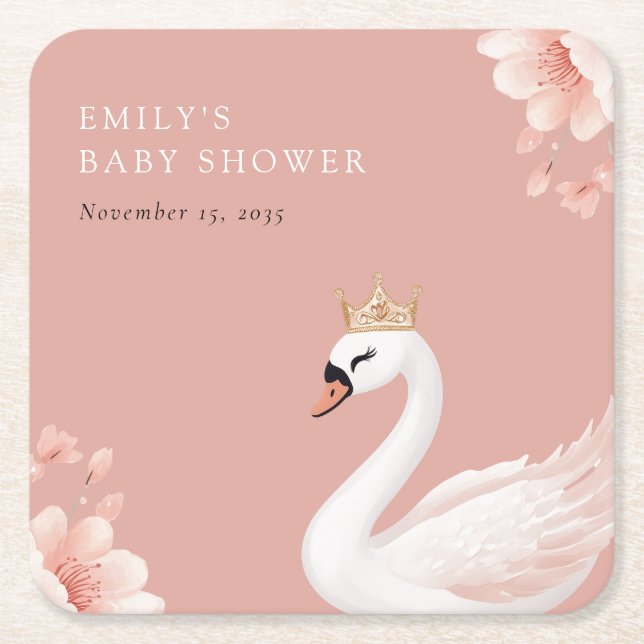 Swan Little Princess Baby Shower Square Paper Coaster (Front)