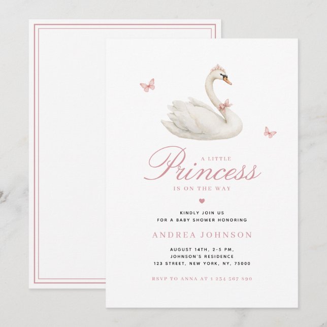 Swan Little Princess Pink Girl Baby Shower Invitation (Front/Back)