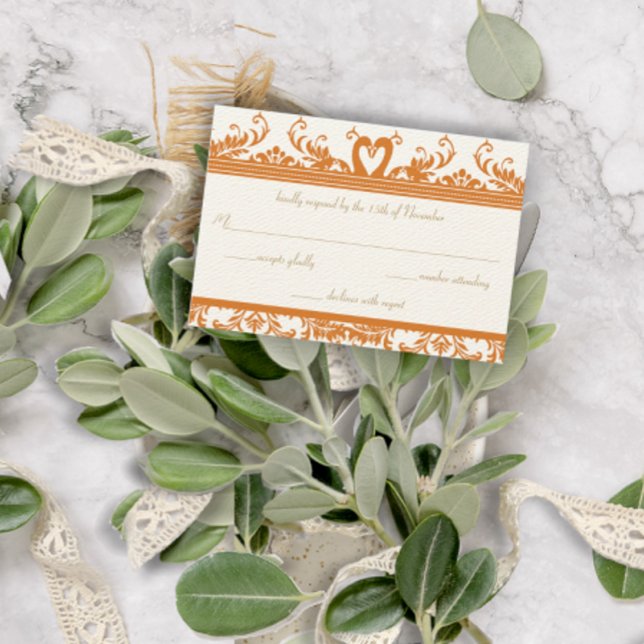 Swan Love Bird Coral & Ivory Damask Wedding Invite (Creator Uploaded)