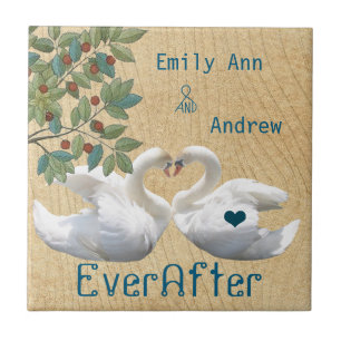 Swan Love Birds Wood Grain Ever After Anniversary Tile