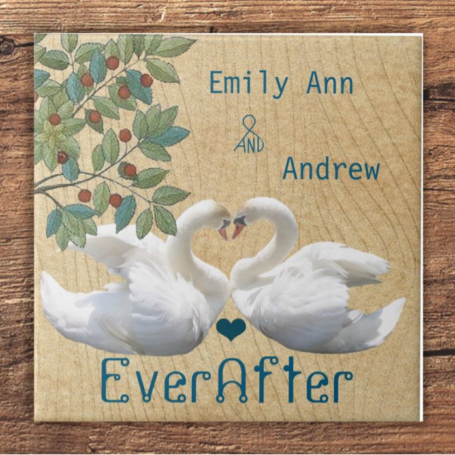 Swan Love Birds Wood Grain Ever After Anniversary Tile (Creator Uploaded)