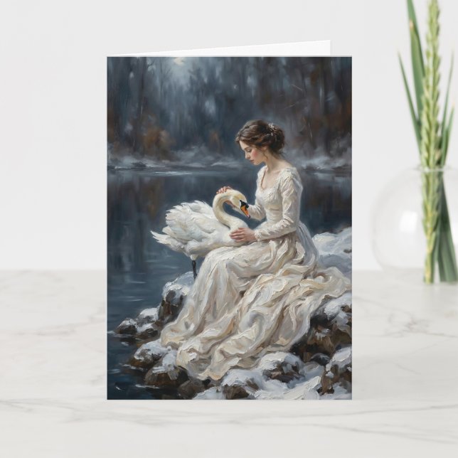 Swan Maiden Winter Lake Romance Fantasy Art Card (Front)