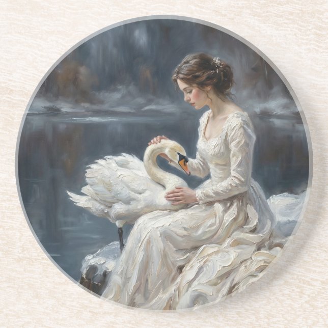 Swan Maiden Winter Lake Romance Fantasy Art Coaster