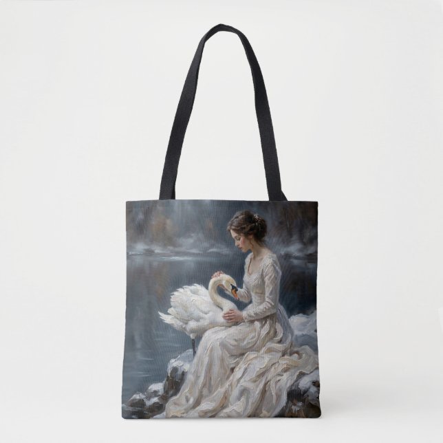 Swan Maiden Winter Lake Romance Fantasy Art Tote Bag (Front)