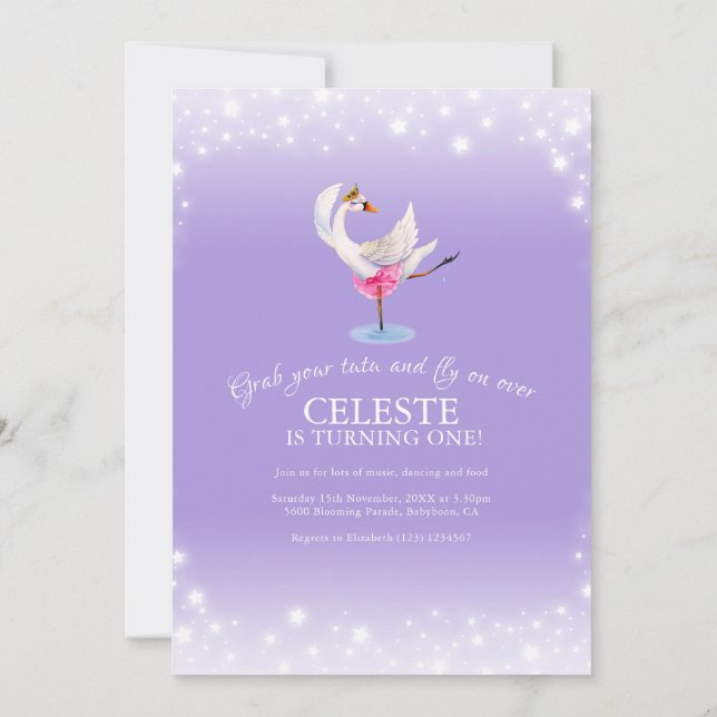 Swan on lake ballet 1st birthday purple invites (Back)