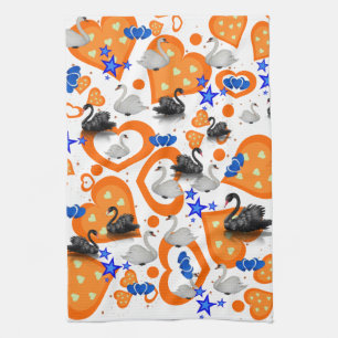 Swan Orange Hearts Kitchen Hand Towel