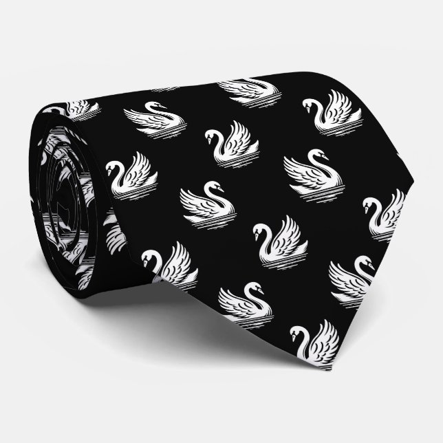 Swan Pattern 02 - White on Black Tie (Rolled)