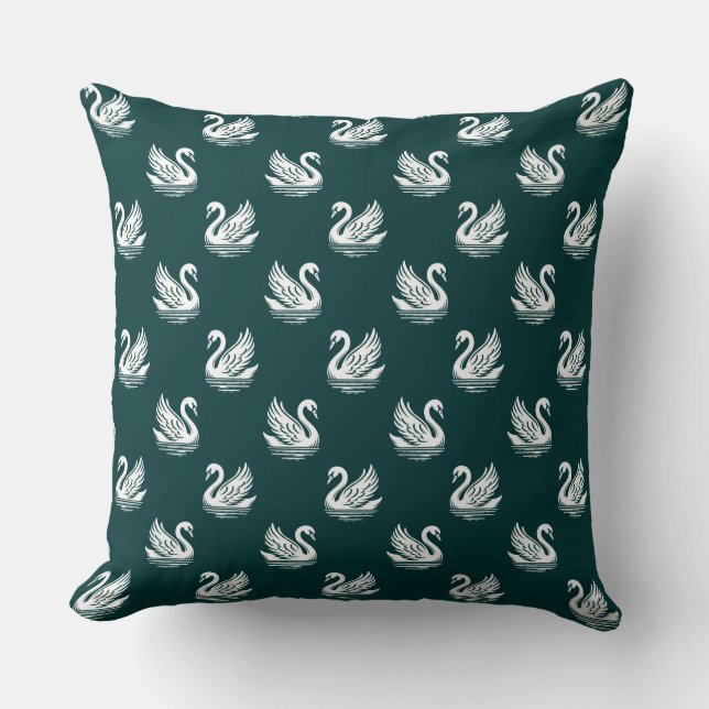 Swan Pattern 02 - White on Dark Green Cushion (Front)
