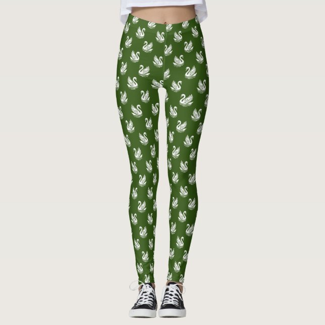 Swan Pattern 02 - White on Forest Green Leggings (Front)