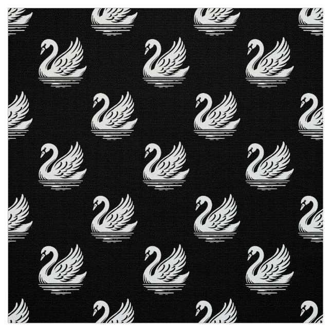 Swan Pattern - White on Black Fabric (Swatch)