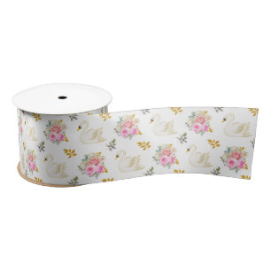 Swan Pink and Gold Floral Roses Satin Ribbon
