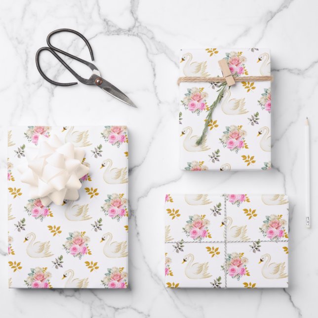 Swan Pink and Gold Floral Roses Wrapping Paper Sheet (Front)