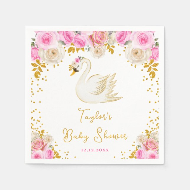 Swan Pink and Gold Roses Baby Shower Napkin (Front)