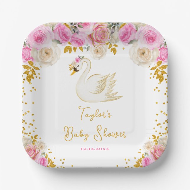 Swan Pink and Gold Roses Baby Shower Paper Plate (Front)