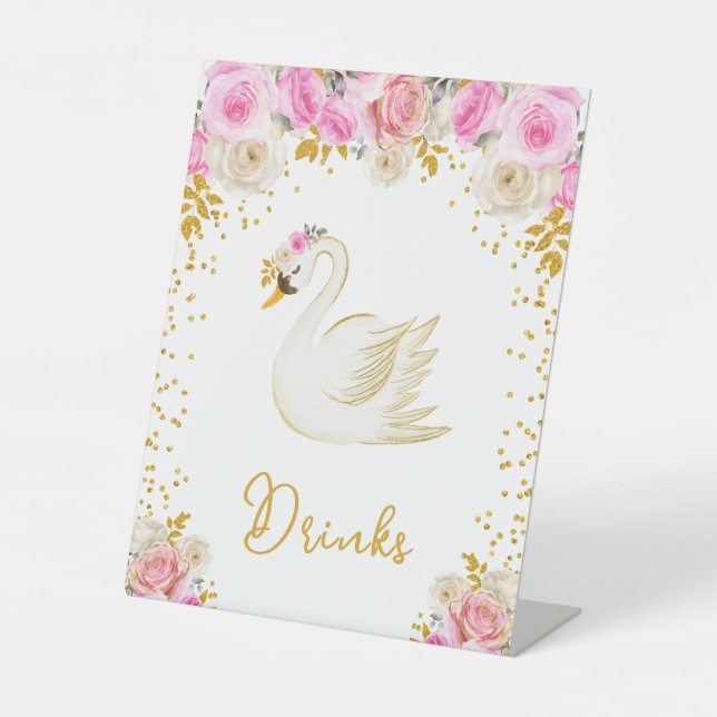 Swan Pink and Gold Roses Baby Shower Pedestal Sign (Front)