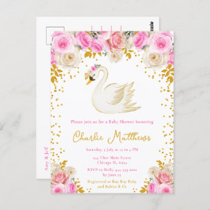 Swan Pink and Gold Roses Baby Shower Postcard