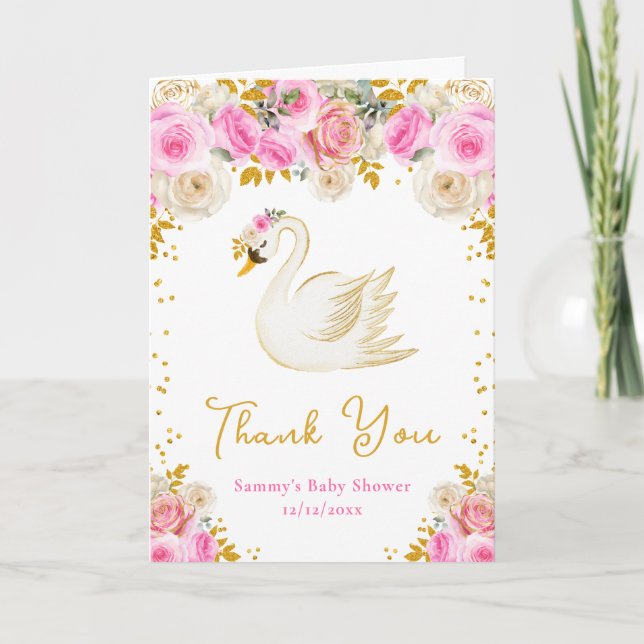 Swan Pink and Gold Roses Baby Shower Thank You (Front)