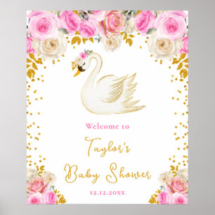 Swan Pink and Gold Roses Baby Shower Welcome Poster