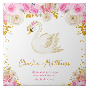 Swan Pink and Gold Roses Birth Statistics Tile