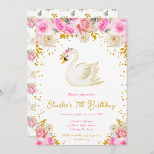 Swan Pink and Gold Roses Birthday Party Invitation