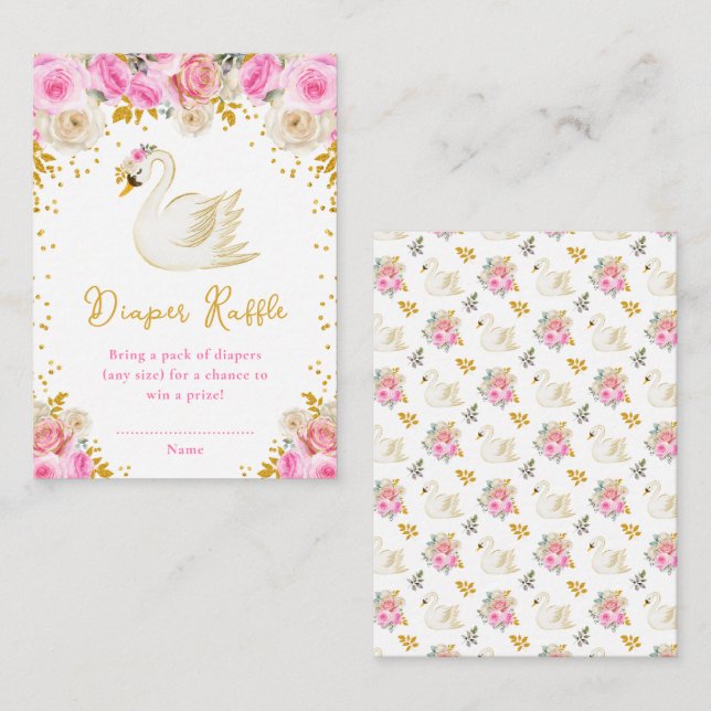 Swan Pink and Gold Roses Diaper Raffle Enclosure Card (Front/Back)