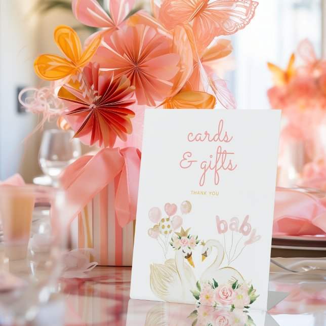 Swan Pink Baby Shower Gifts and Cards Pedestal Sign (cards & gifts sign. Little princess watercolor swan Baby shower)