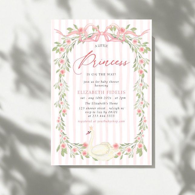 Swan Pink Bow Floral Roses Baby Shower Invitation (Creator Uploaded)