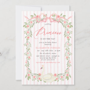 Swan Pink Bow Floral Roses Baby Shower Invitation