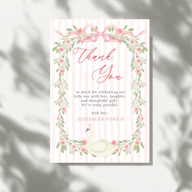 Swan Pink Bow Floral Roses Baby Shower Thank You Card (Creator Uploaded)