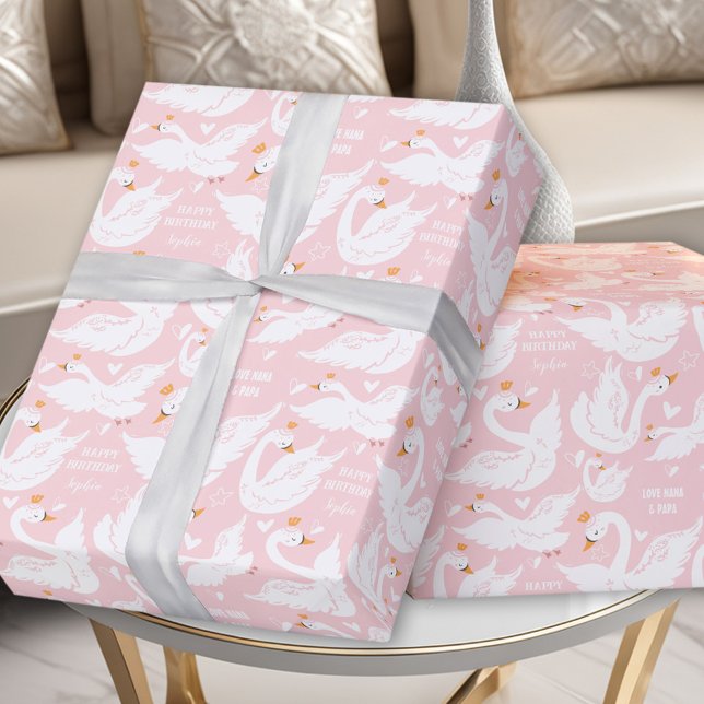 Swan Pink Girl Birthday Name Wrapping Paper (Swan Pink Girl Birthday Name Wrapping Paper)