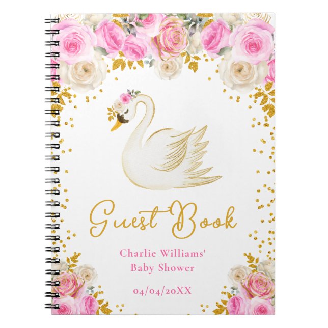 Swan Pink Gold Roses Baby Shower Guest Book (Front)