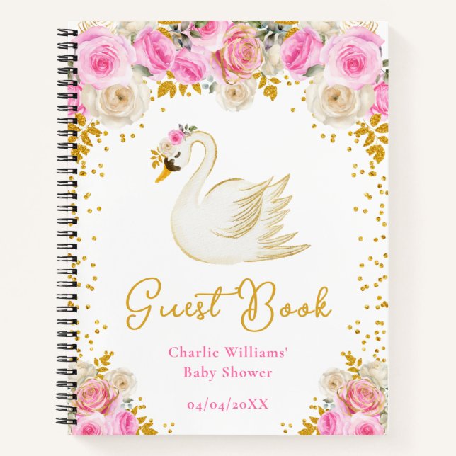 Swan Pink Gold Roses Baby Shower Guest Book (Front)