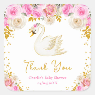 Swan Pink Gold Roses Baby Shower Thank You Square Sticker