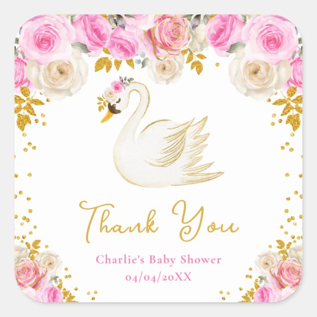 Swan Pink Gold Roses Baby Shower Thank You Square Sticker (Front)