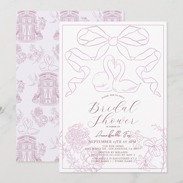 Swan Pink Toile de Jouy Bridal Shower Invitation (Front/Back)