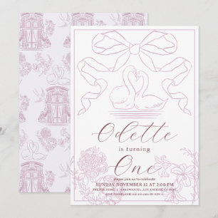 Swan Pink Toile de Jouy Girl 1st Birthday Invitation
