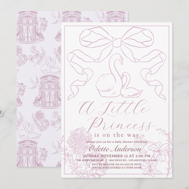 Swan Pink Toile de Jouy Girl Baby Shower Invitation (Front/Back)