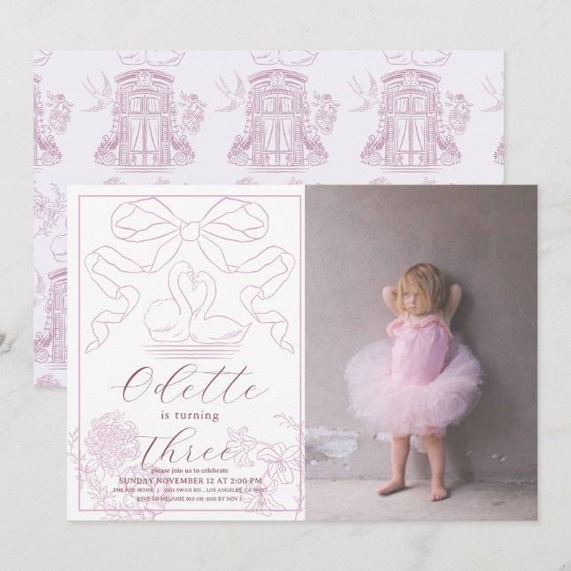 Swan Pink Toile de Jouy Girl Photo Birthday Invitation (Front/Back)