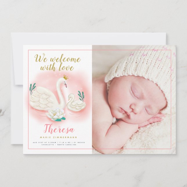 Swan Pond Gold Baby Girl Pink Birth Announcement (Front)