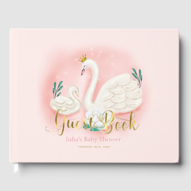 Swan Pond Gold Pink Baby Shower Baby Shower Guest Book (Front)
