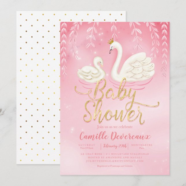 Swan Pond Gold Pink Baby Shower Invitation (Front/Back)