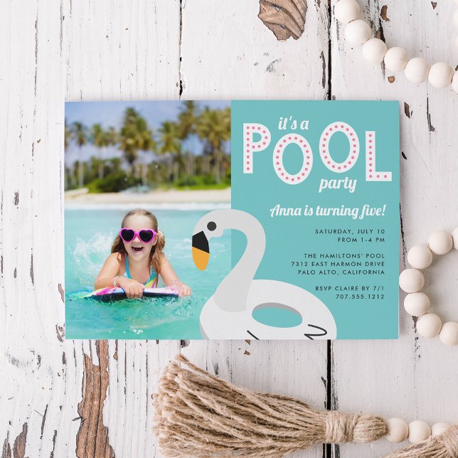 Swan Pool Float | Photo Kids Birthday Party Invitation (Creator Uploaded)