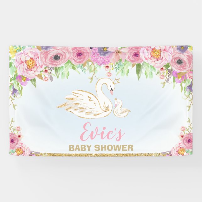 Swan Princess Baby Shower Floral Backdrop Decor Banner (Horizontal)