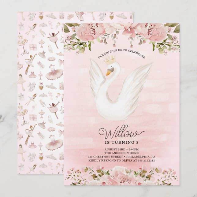 Swan Princess Ballerina Girl Birthday Party Invitation (Front/Back)